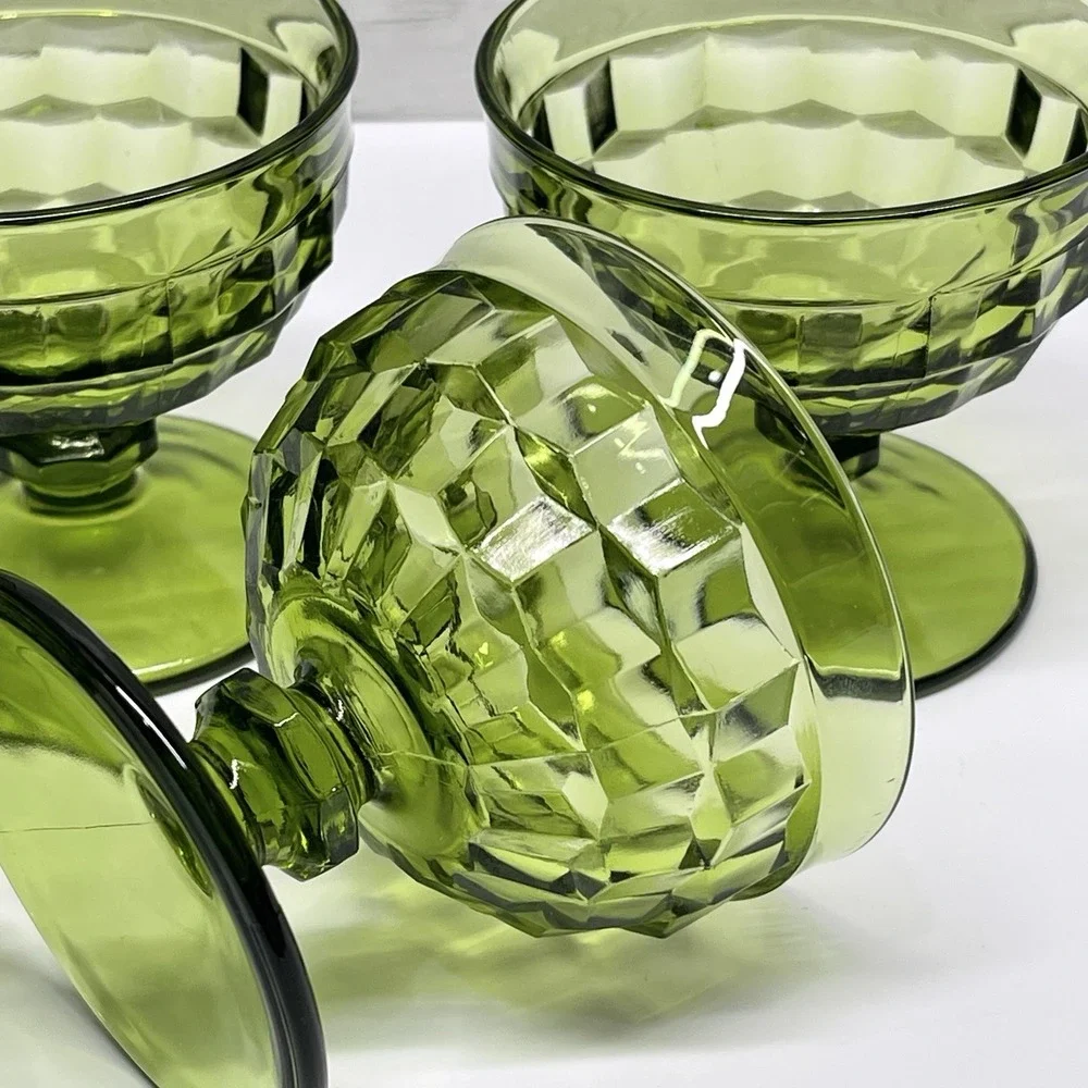 Vtg Indiana Glass Avocado Green‎ Footed Cubist Sherbet Dessert Dishes Lot of 4